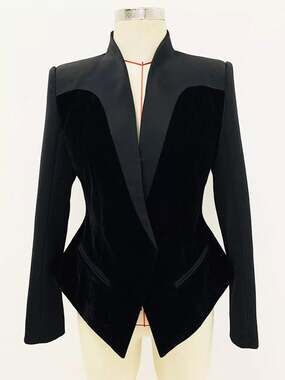 Velvet-Paneled Blazer with Stand-Up Collar